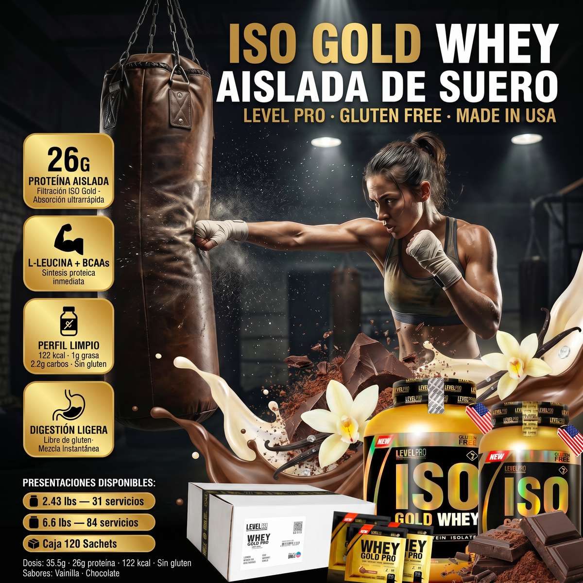ISO Gold Whey Level Pro: 2.43lb - 6.6 lb - Sachets – NutriSuplementos Perú