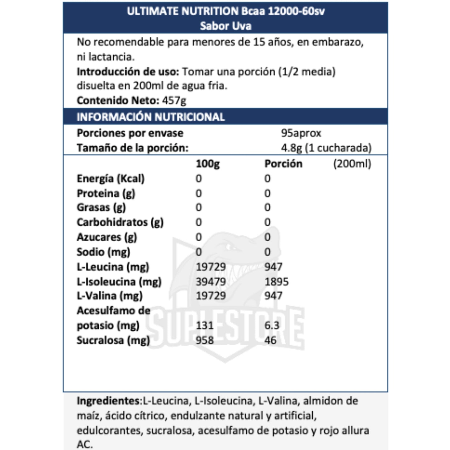 BCAA Ultimate Nutrition 12,000 (2:1:1): 457gr (60 Servicios) - NutriSuplementos Perú