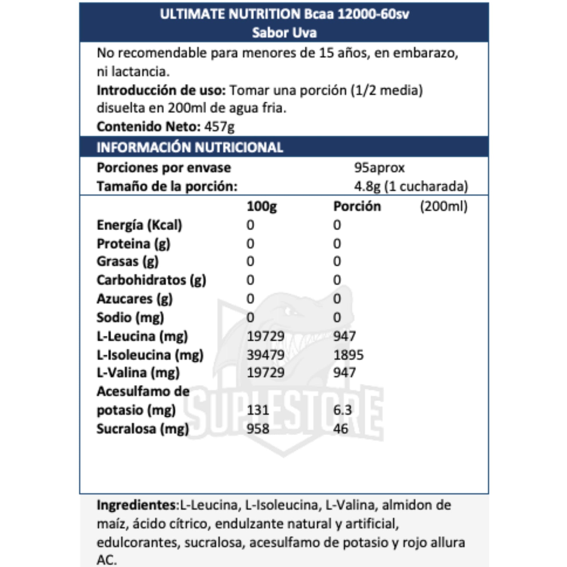 BCAA Ultimate Nutrition 12,000 (2:1:1): 457gr (60 Servicios) - NutriSuplementos Perú