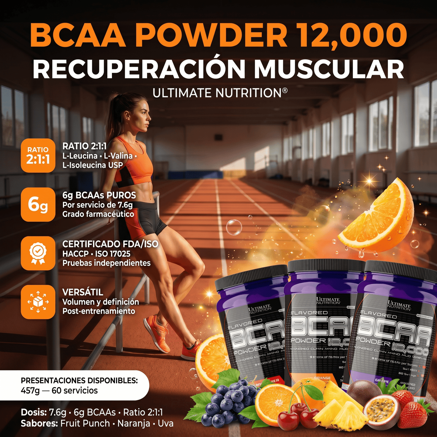 BCAA Ultimate Nutrition 12,000 (2:1:1): 457gr (60 Servicios) - NutriSuplementos Perú