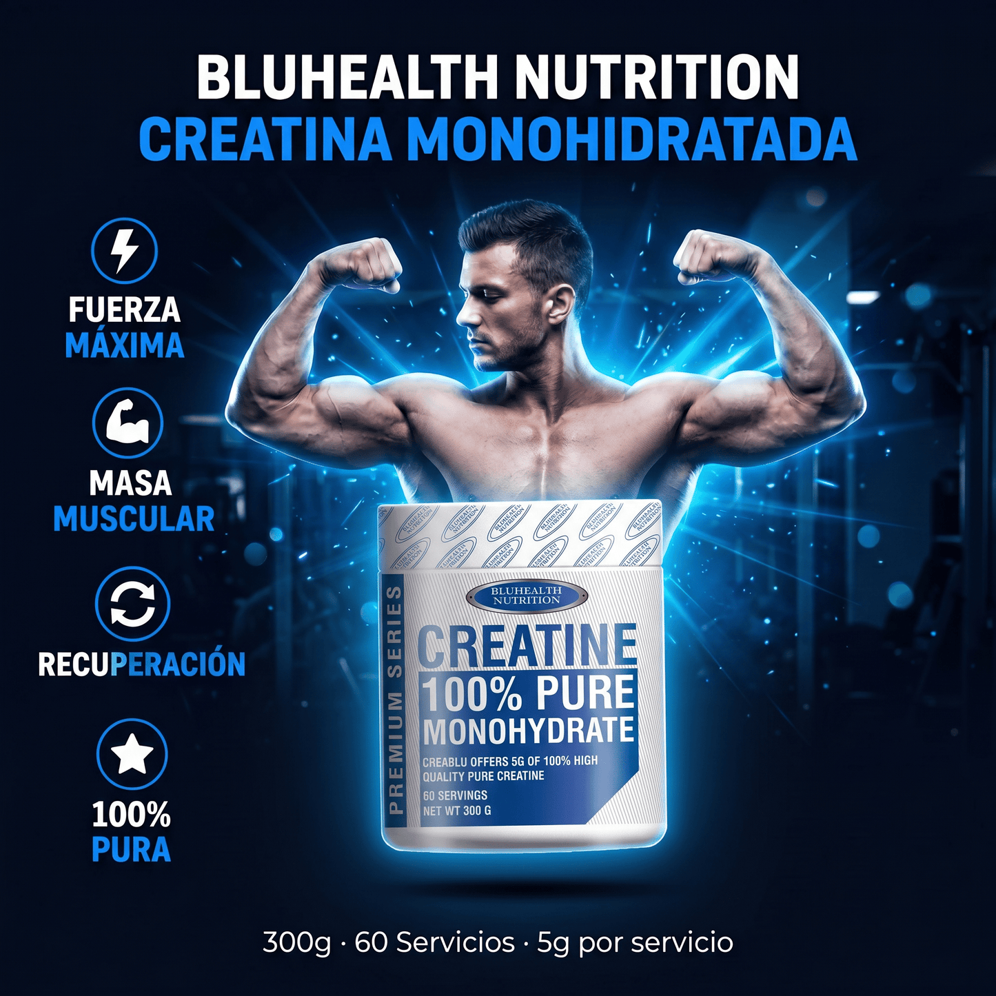 Creatina Blue Health Monohidratada en Polvo: 300gr - NutriSuplementos Perú