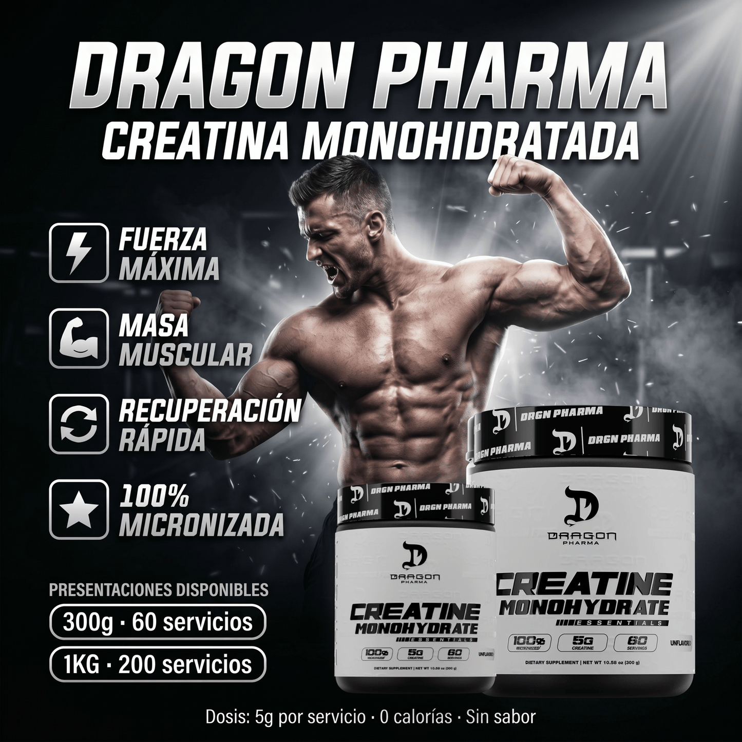 Creatina Dragon Pharma Monohidratada: 300 gr - 1KG - NutriSuplementos Perú