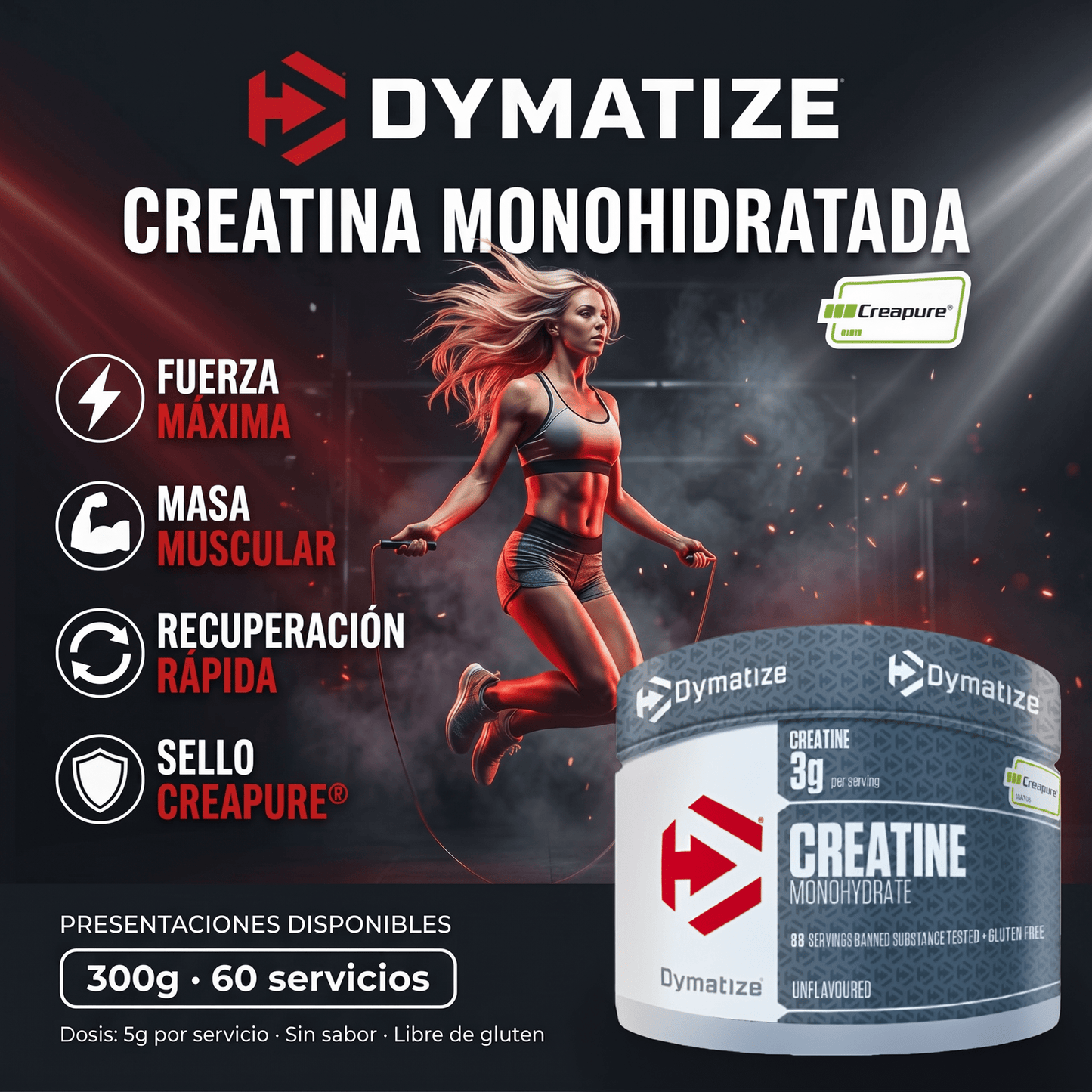 Creatina Dymatize 300 gr: 100% Monohidratada con Sello Creapure - NutriSuplementos Perú