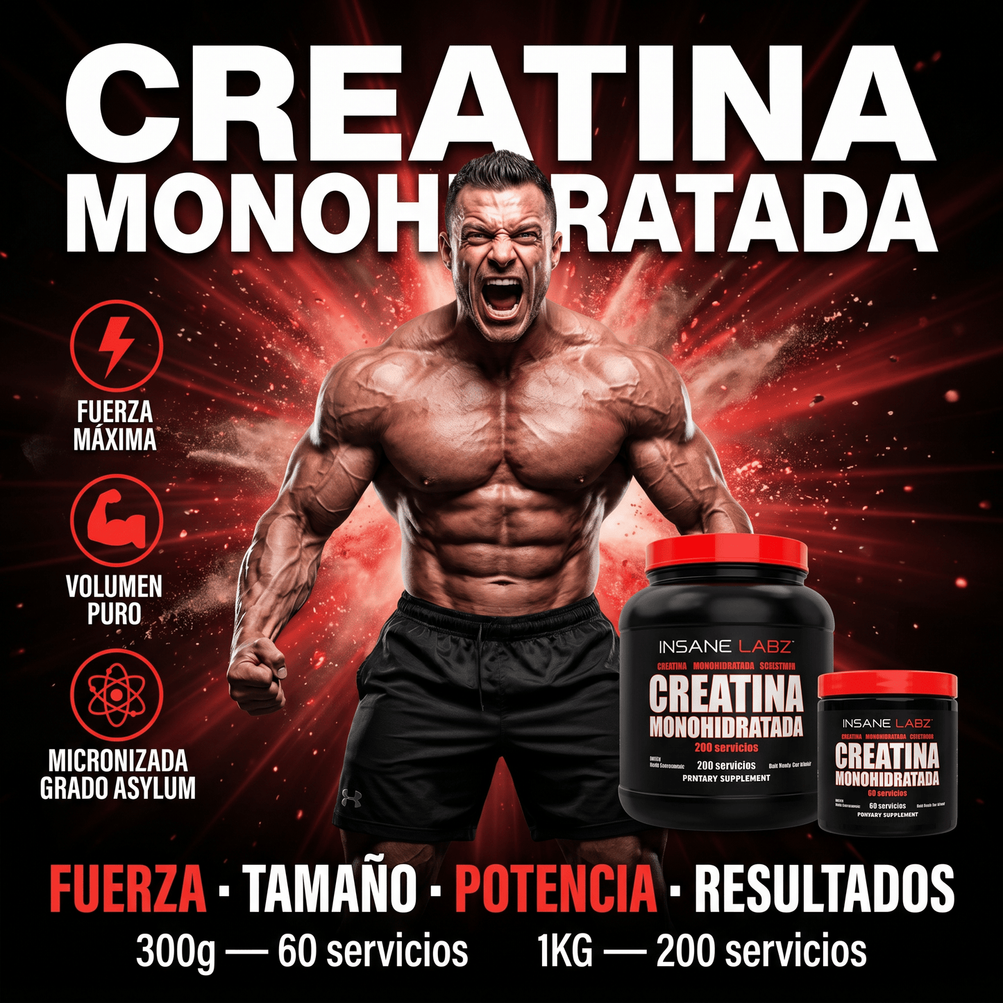 Creatina Insane Labz Monohidratada: 300 gr - 1KG - NutriSuplementos Perú