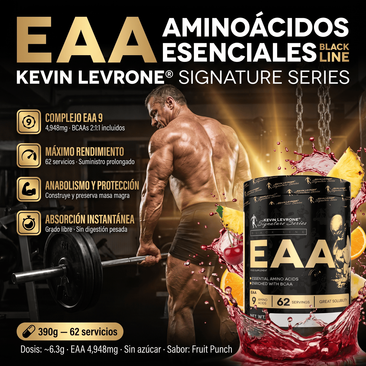 EAA Kevin Levrone Aminoácidos Esenciales en Polvo: 62 Servicios (390gr) - NutriSuplementos Perú