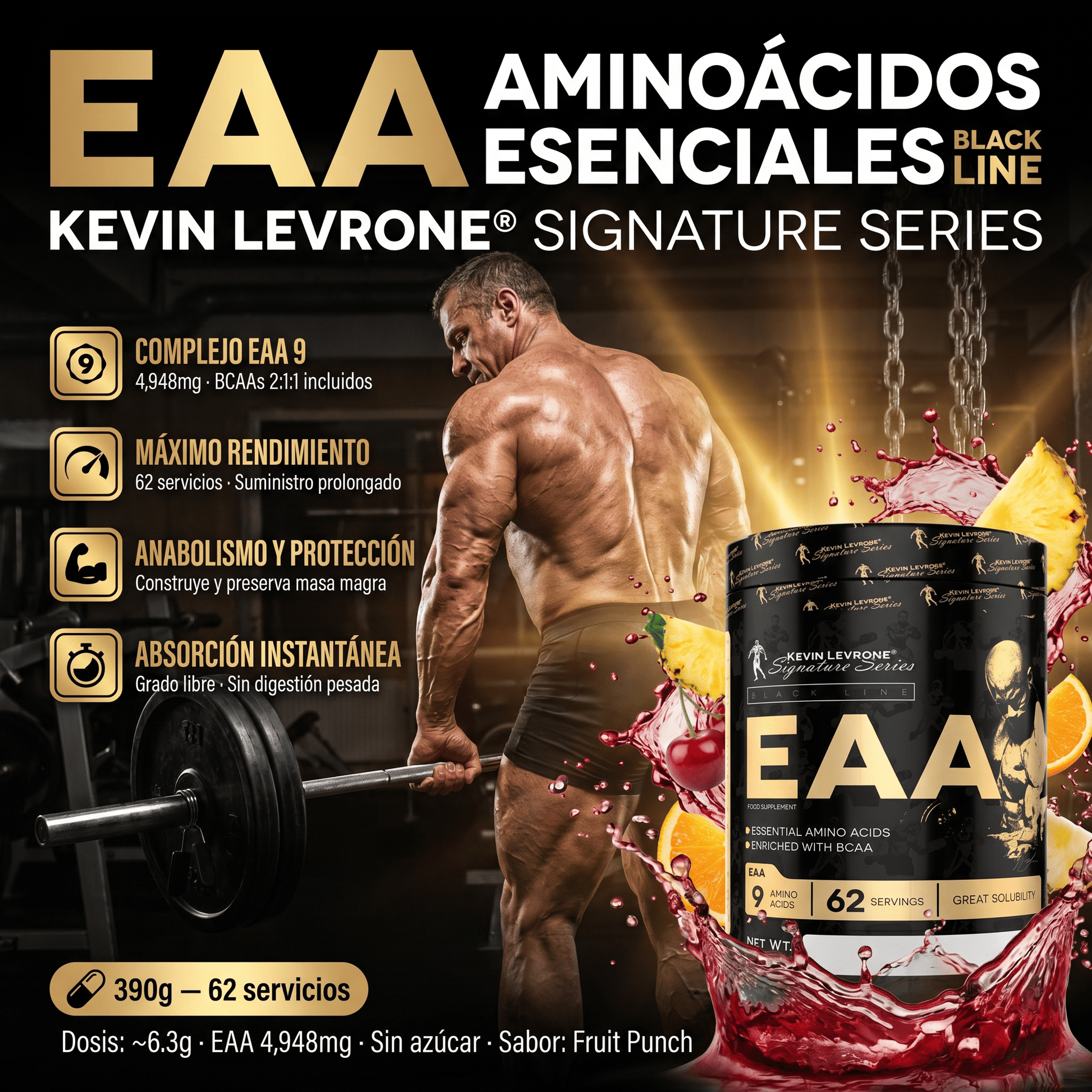 EAA Kevin Levrone Aminoácidos Esenciales en Polvo: 62 Servicios (390gr) - NutriSuplementos Perú