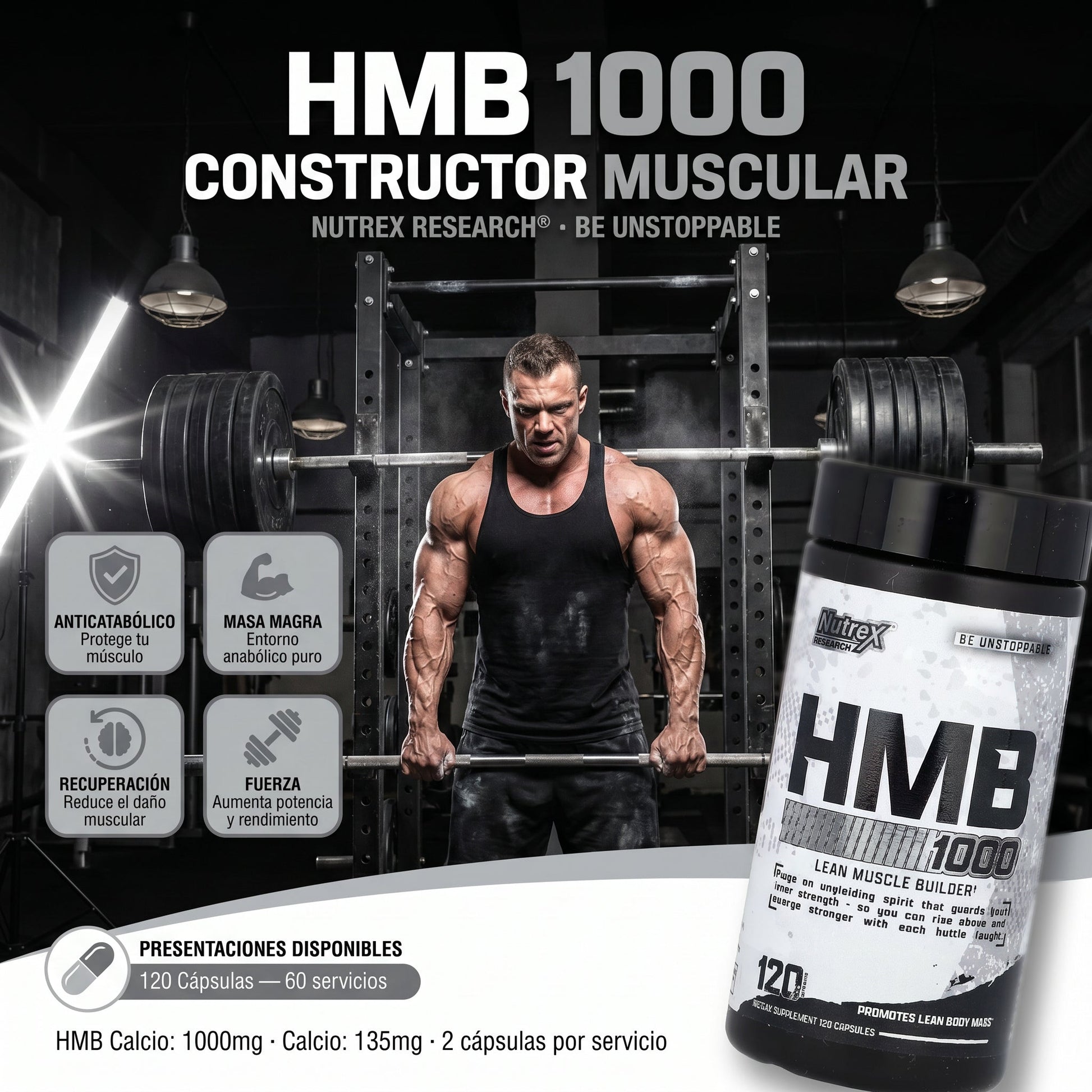 HMB 1000 Nutrex: 120 Cápsulas (60 Servicios - 1000mg) - NutriSuplementos Perú