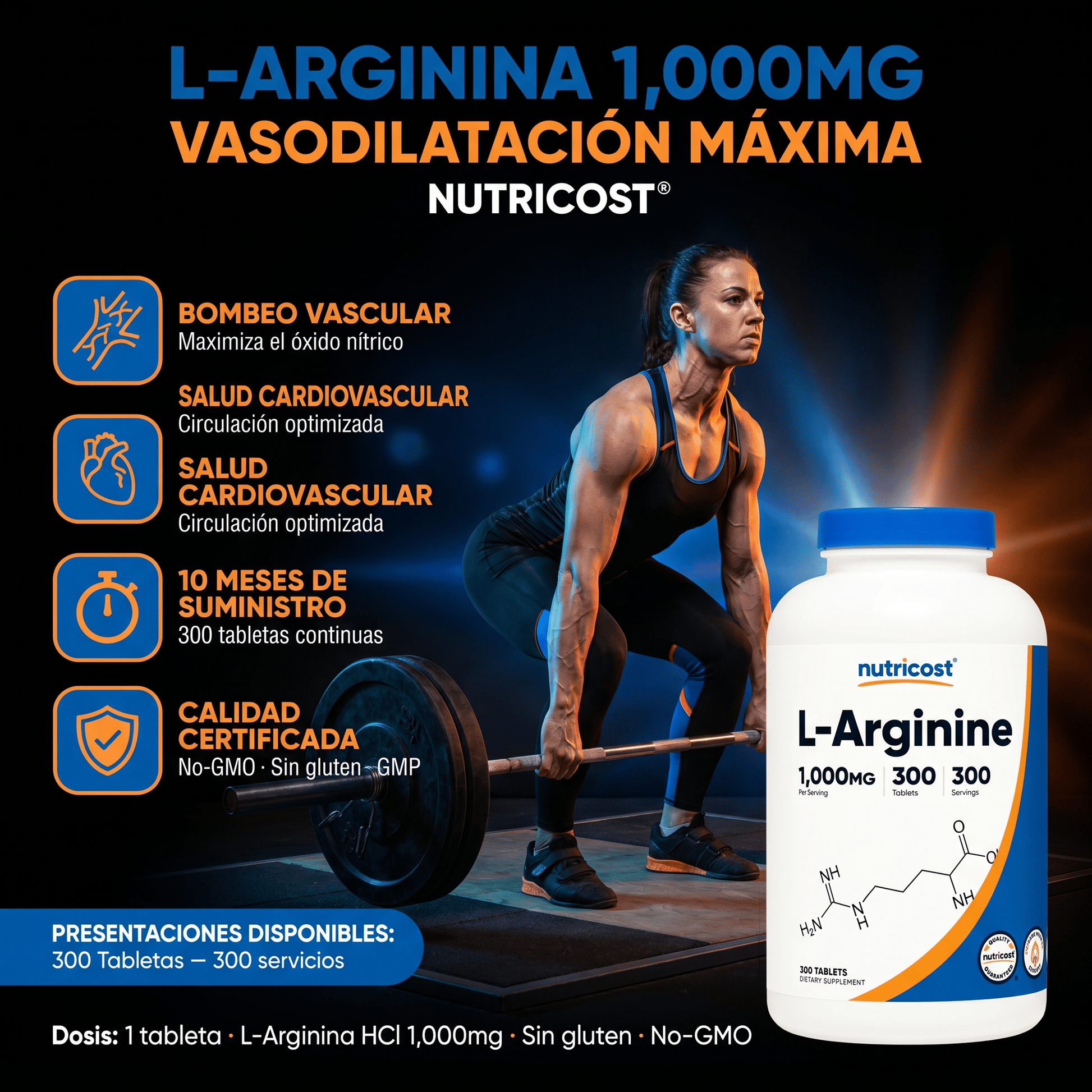 L - Arginina Nutricost: 300 Tabletas (1,000MG) - NutriSuplementos Perú