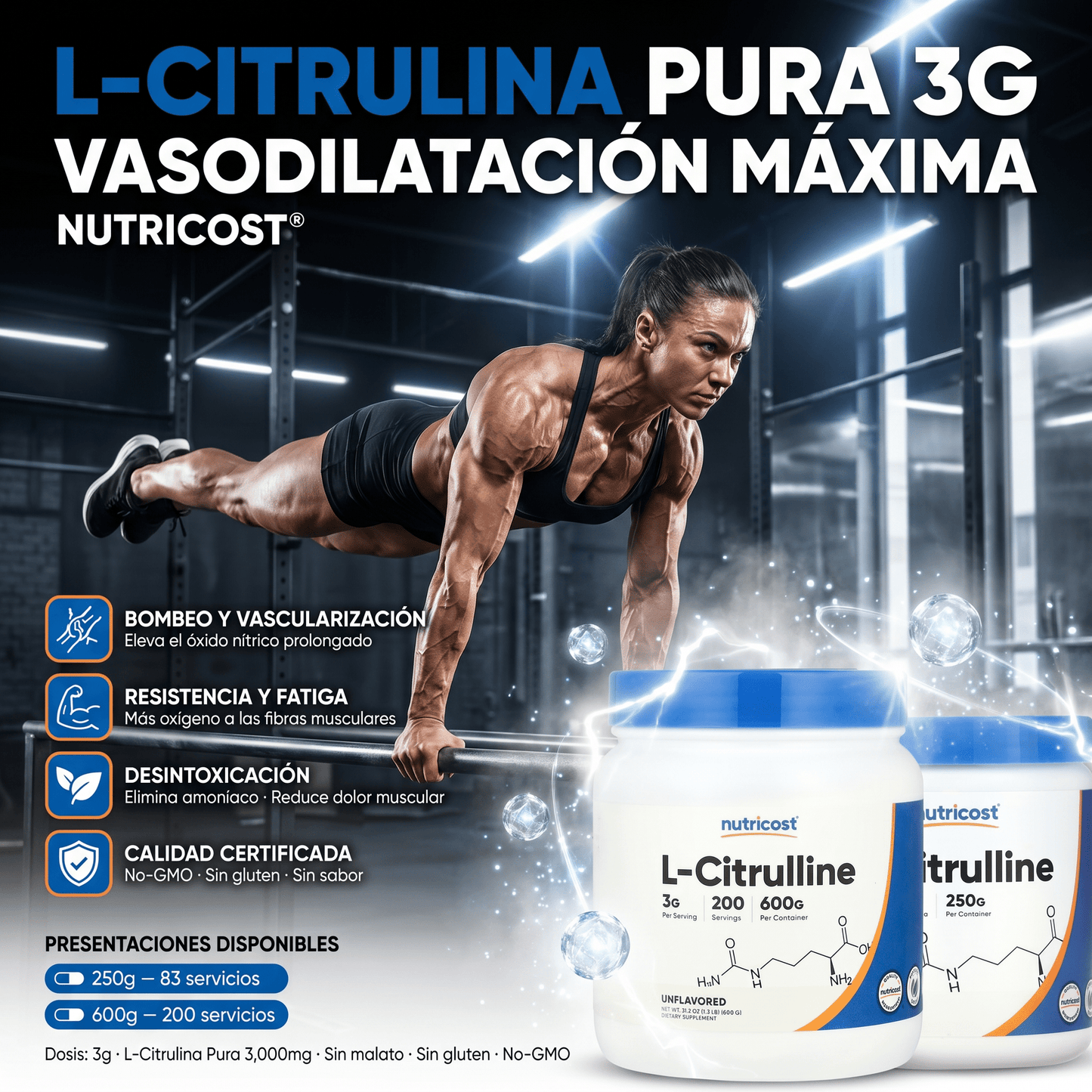 L - Citrulina Nutricost en Polvo: 250gr - 600 gr - NutriSuplementos Perú